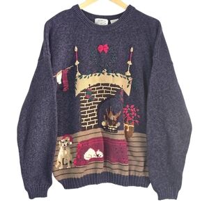 *VTG* NORTHERN TREASURES Christmas Knit Cat And Dog Fireplace Sweater (3 HOLES)